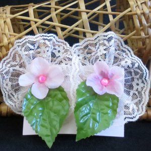 Hand Crafted Barrettes Pink Pansy Floral Lace Rhinestones for Women or Girls